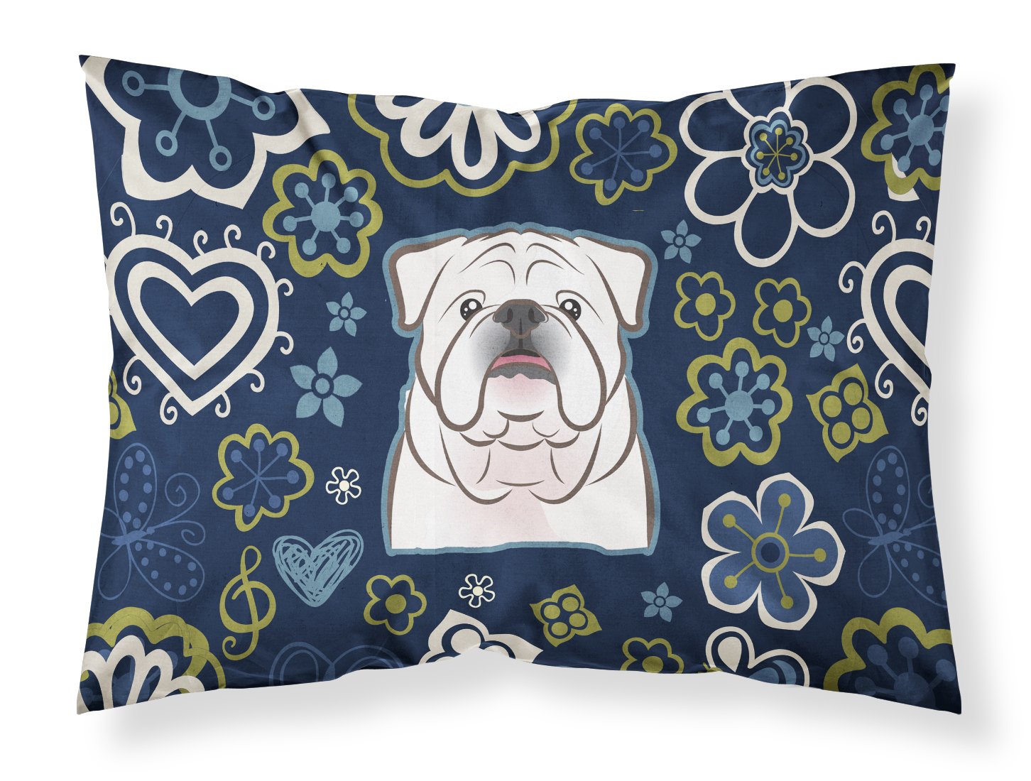 Blue Flowers White English Bulldog  Fabric Standard Pillowcase BB5071PILLOWCASE by Caroline's Treasures