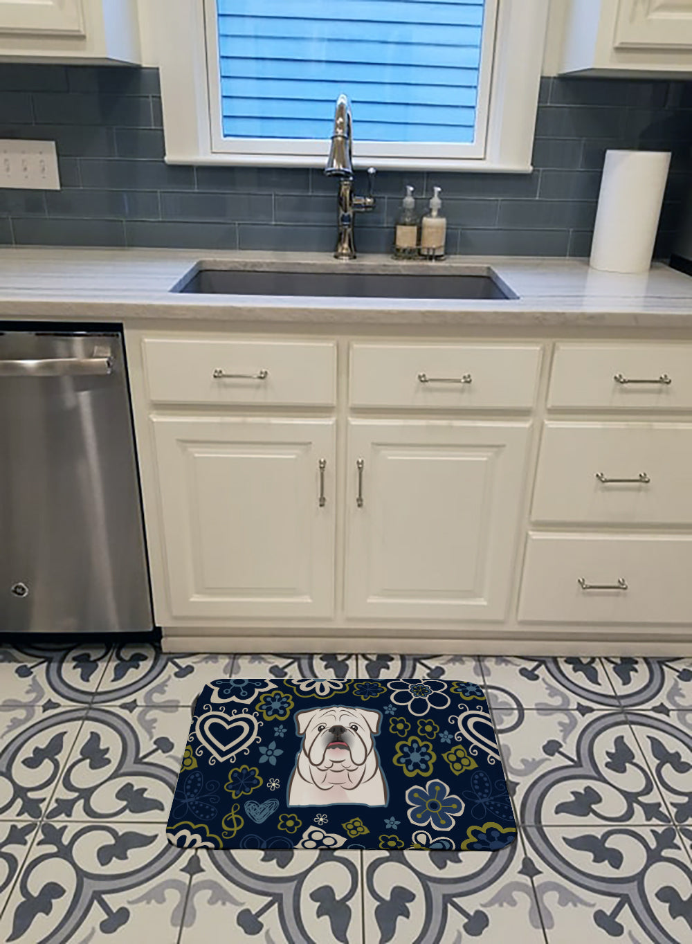 Blue Flowers White English Bulldog Machine Washable Memory Foam Mat BB5071RUG - the-store.com