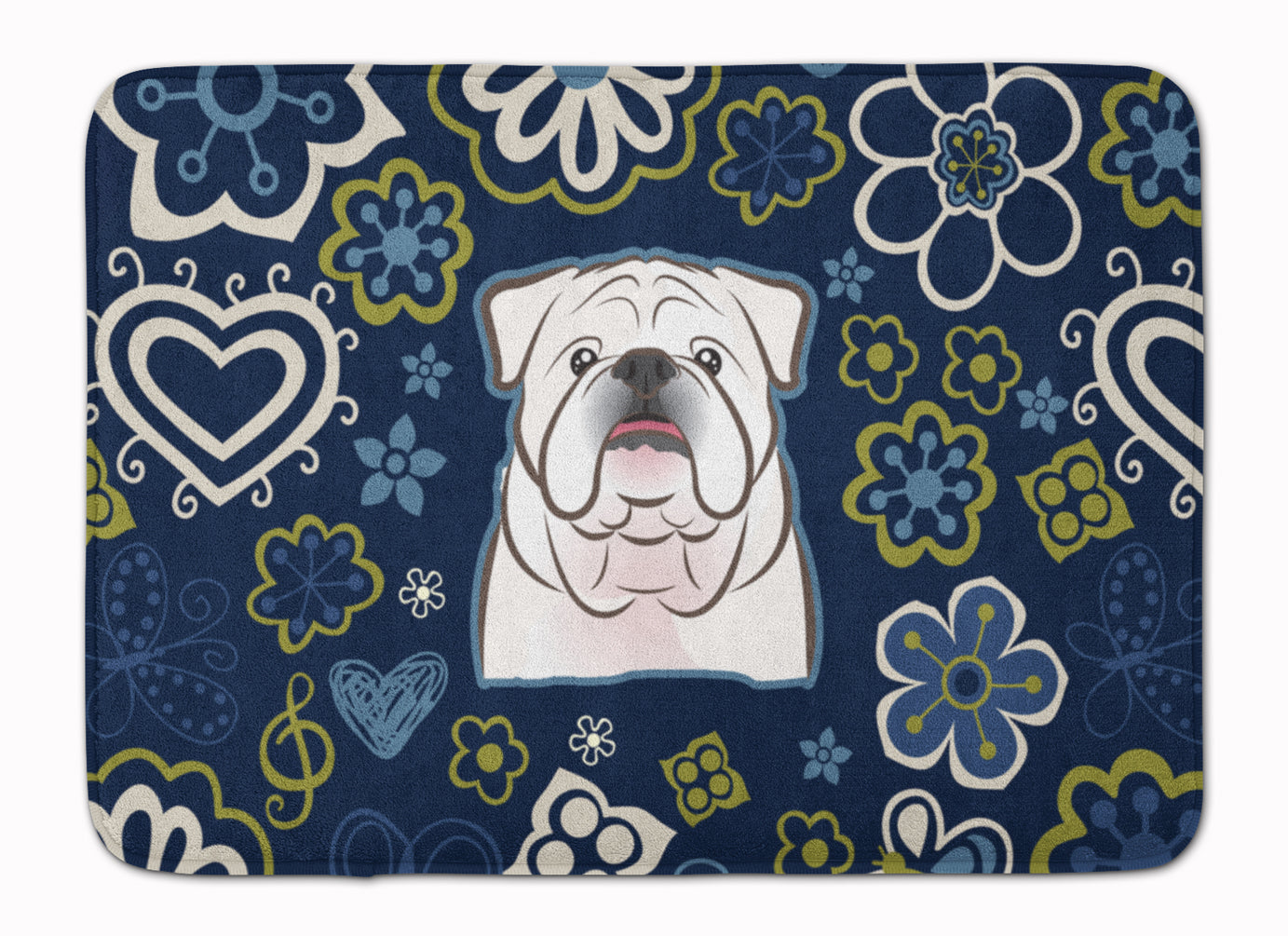 Blue Flowers White English Bulldog Machine Washable Memory Foam Mat BB5071RUG - the-store.com