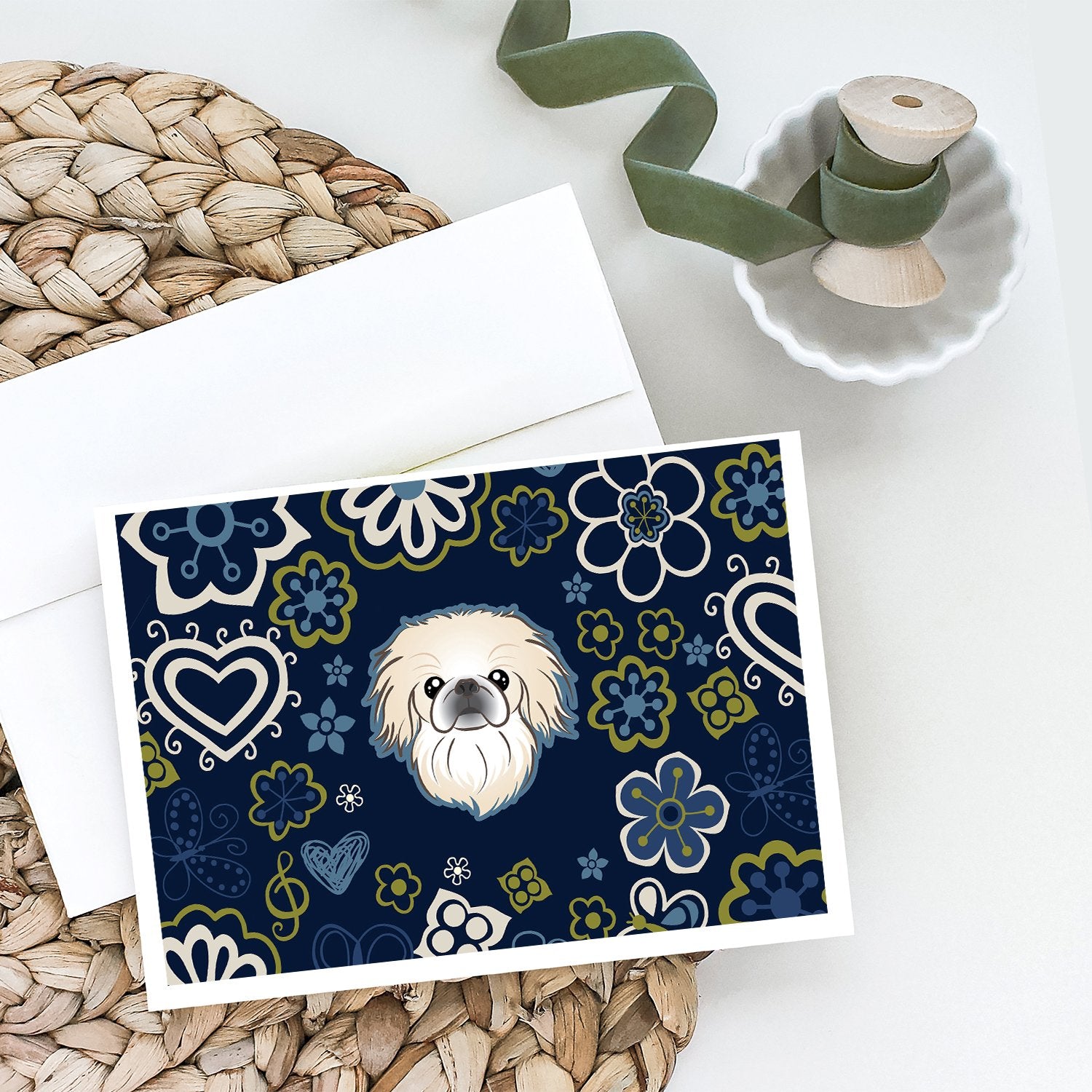 Buy this Blue Flowers Pekingese Greeting Cards and Envelopes Pack of 8