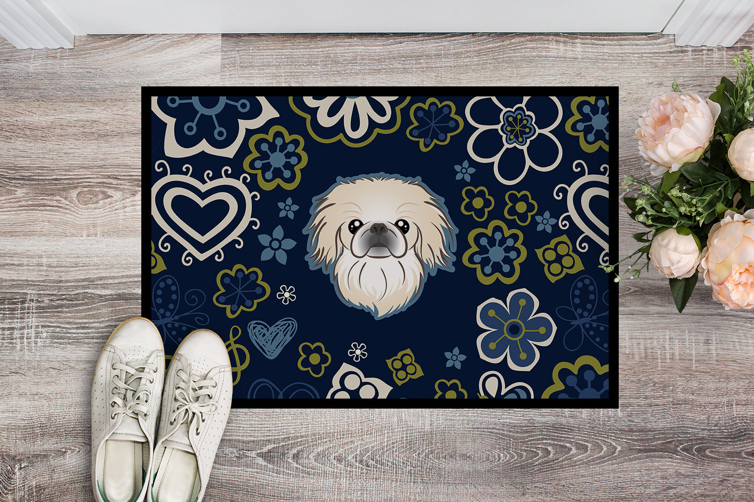 Blue Flowers Pekingese Indoor or Outdoor Mat 18x27 BB5072MAT - the-store.com