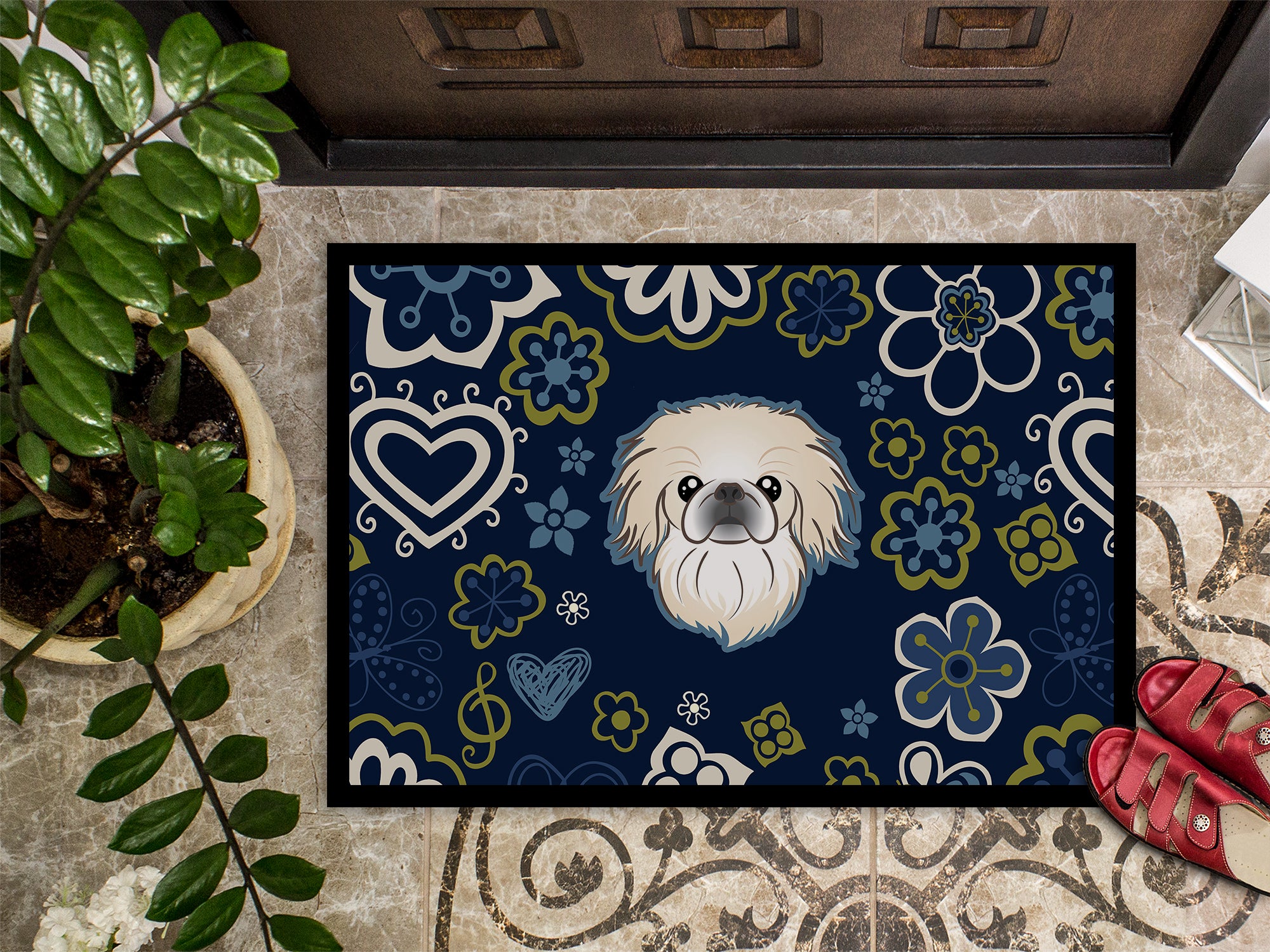 Blue Flowers Pekingese Indoor or Outdoor Mat 18x27 BB5072MAT - the-store.com