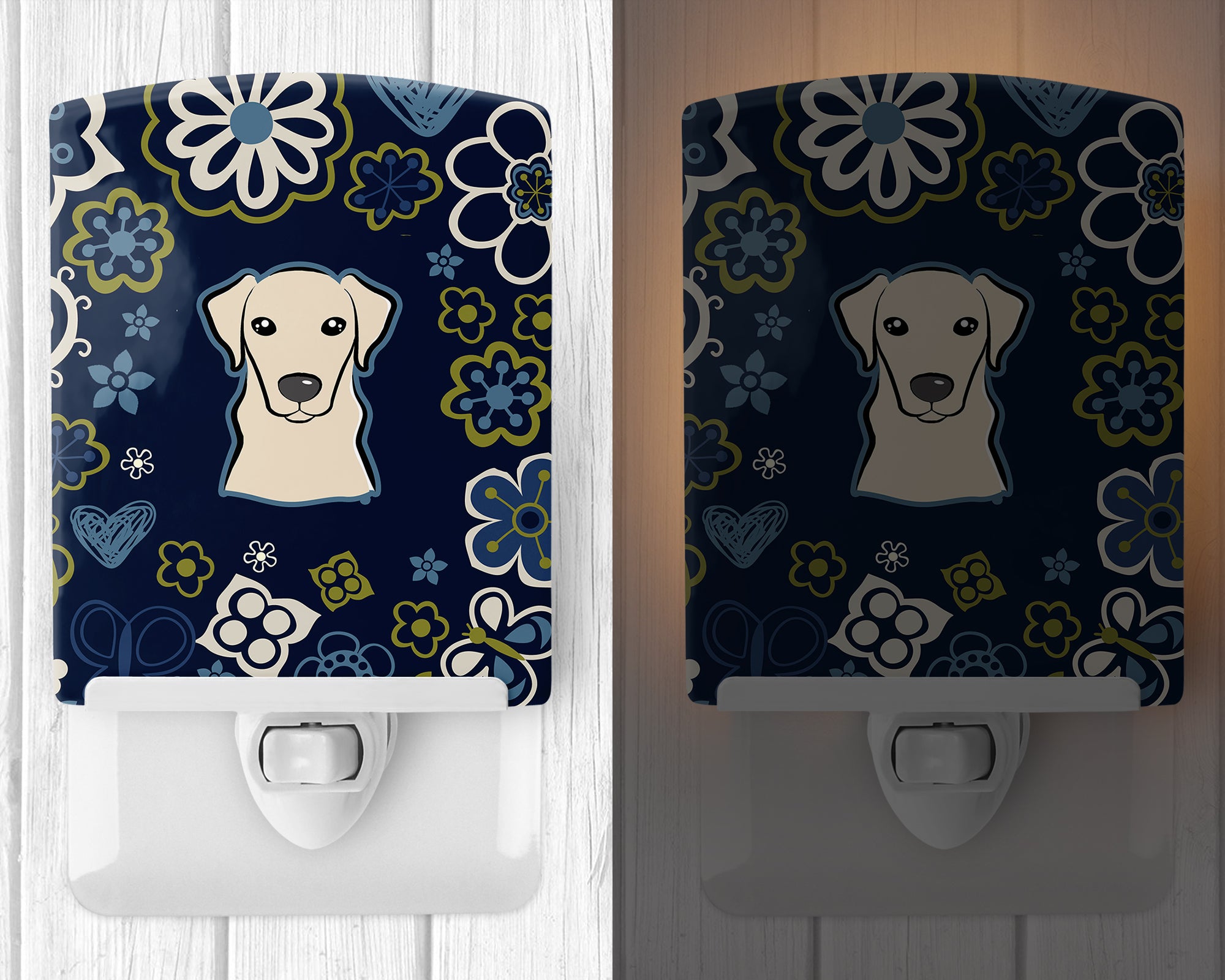 Blue Flowers Yellow Labrador Ceramic Night Light BB5073CNL - the-store.com