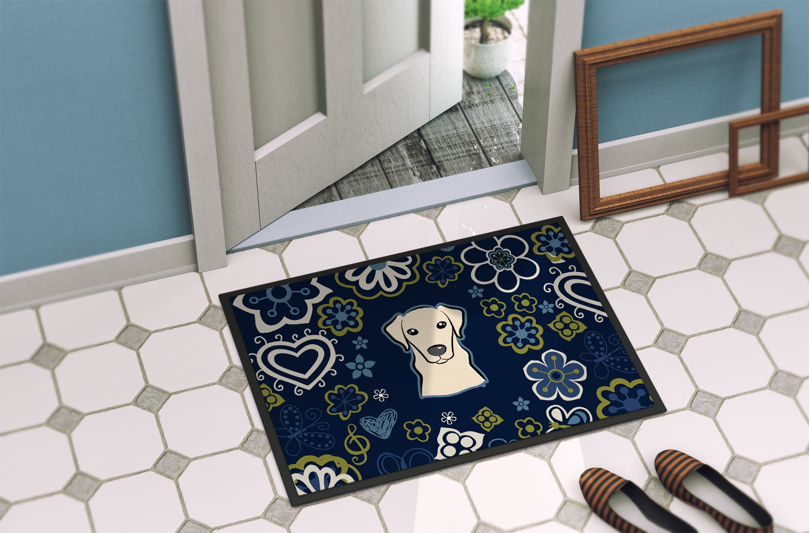 Blue Flowers Yellow Labrador Indoor or Outdoor Mat 24x36 BB5073JMAT by Caroline's Treasures