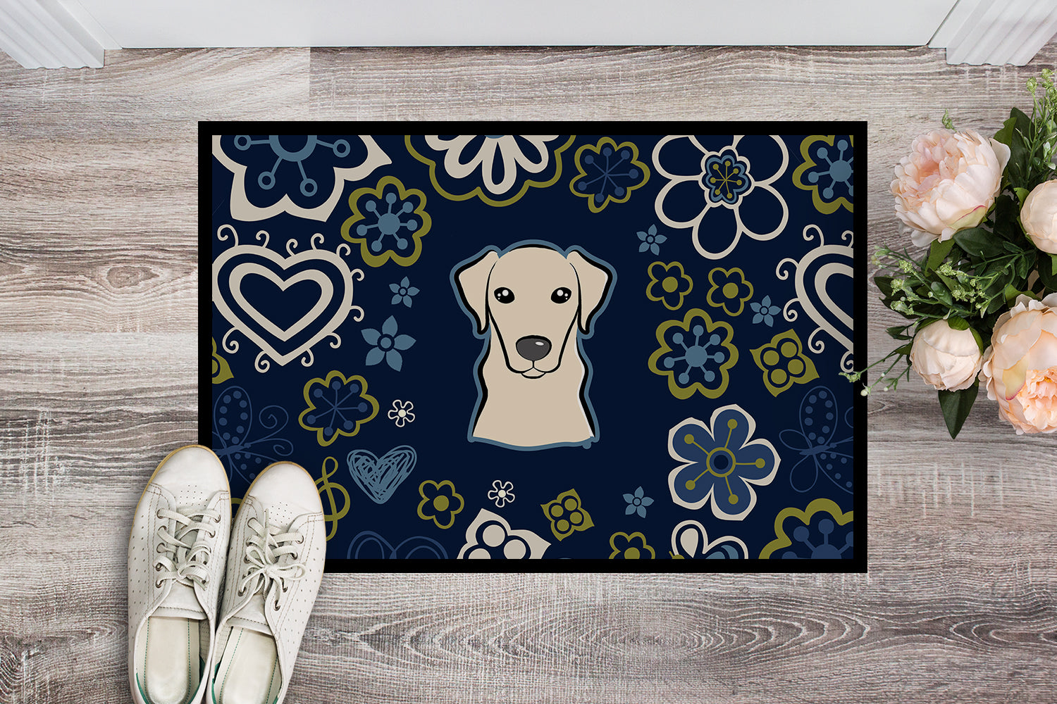 Blue Flowers Yellow Labrador Indoor or Outdoor Mat 18x27 BB5073MAT - the-store.com