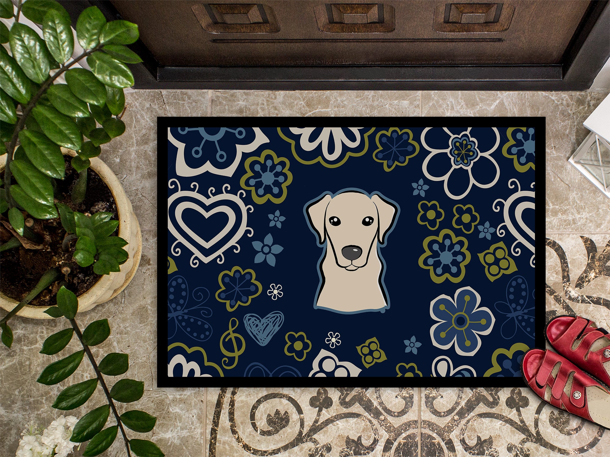 Blue Flowers Yellow Labrador Indoor or Outdoor Mat 18x27 BB5073MAT - the-store.com