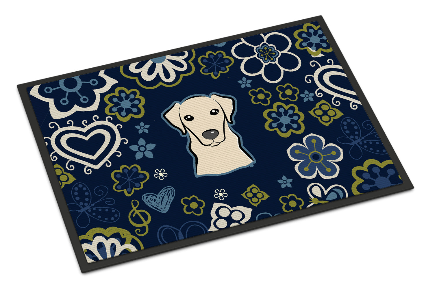 Blue Flowers Yellow Labrador Indoor or Outdoor Mat 18x27 BB5073MAT - the-store.com