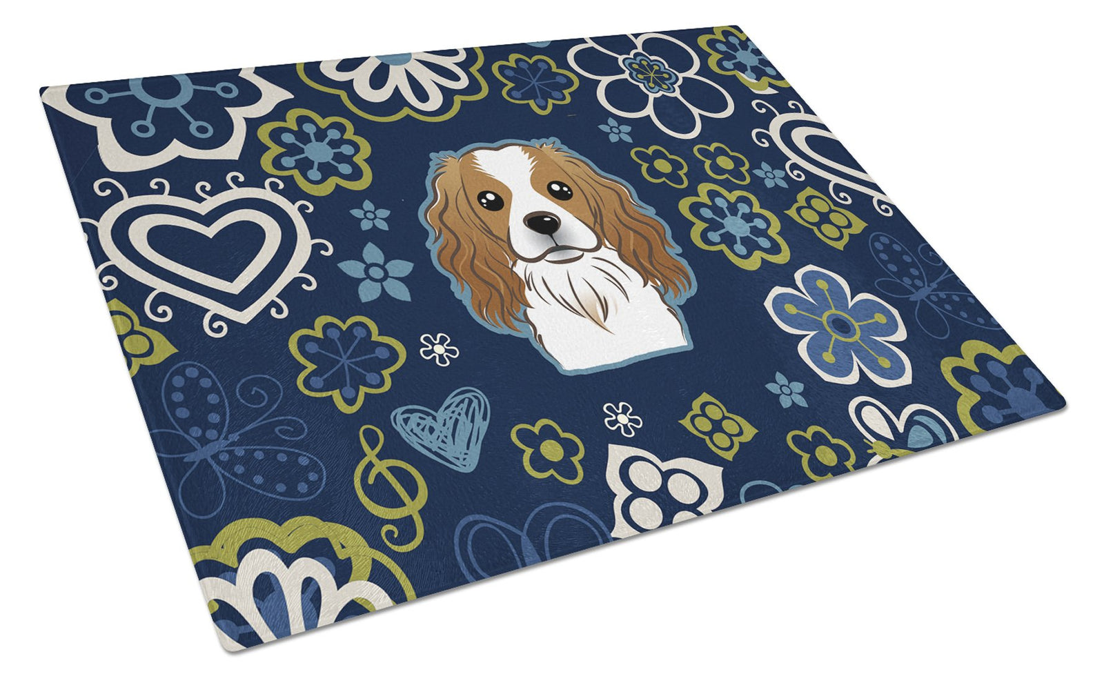 Blue Flowers Cavalier Spaniel Glass Cutting Board Large BB5075LCB by Caroline's Treasures