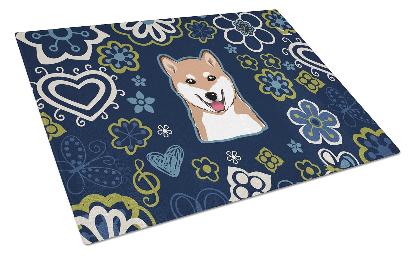 Blue Flowers Shiba Inu Glass Cutting Board Large BB5076LCB by Caroline's Treasures