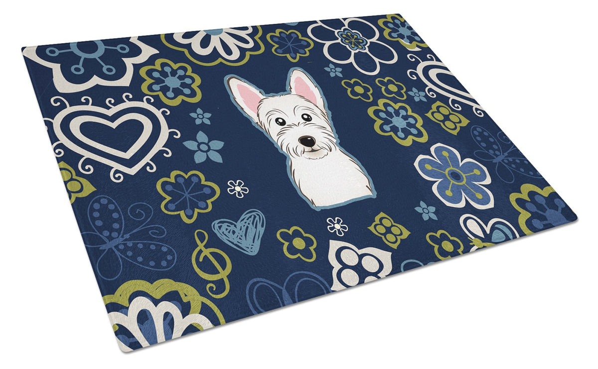 Blue Flowers Westie Glass Cutting Board Large BB5077LCB by Caroline&#39;s Treasures