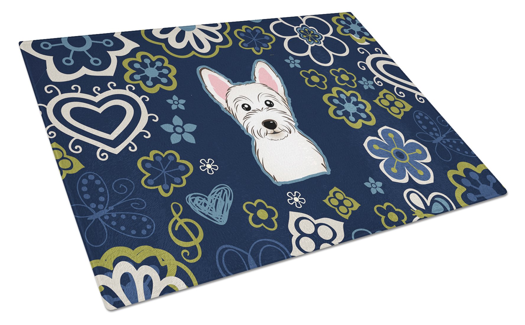 Blue Flowers Westie Glass Cutting Board Large BB5077LCB by Caroline's Treasures