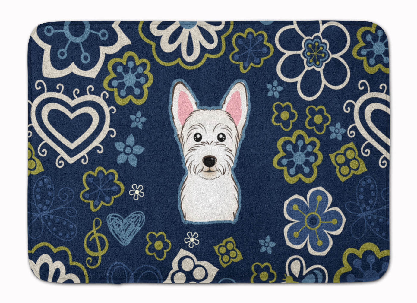 Blue Flowers Westie Machine Washable Memory Foam Mat BB5077RUG - the-store.com