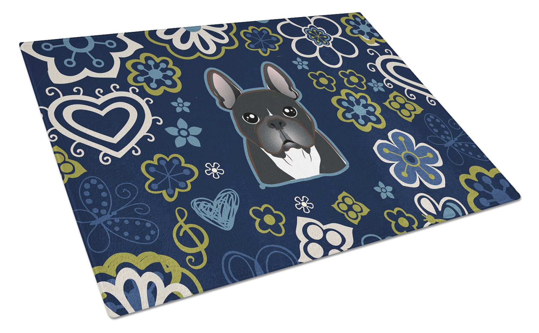 Blue Flowers French Bulldog Glass Cutting Board Large BB5078LCB by Caroline's Treasures