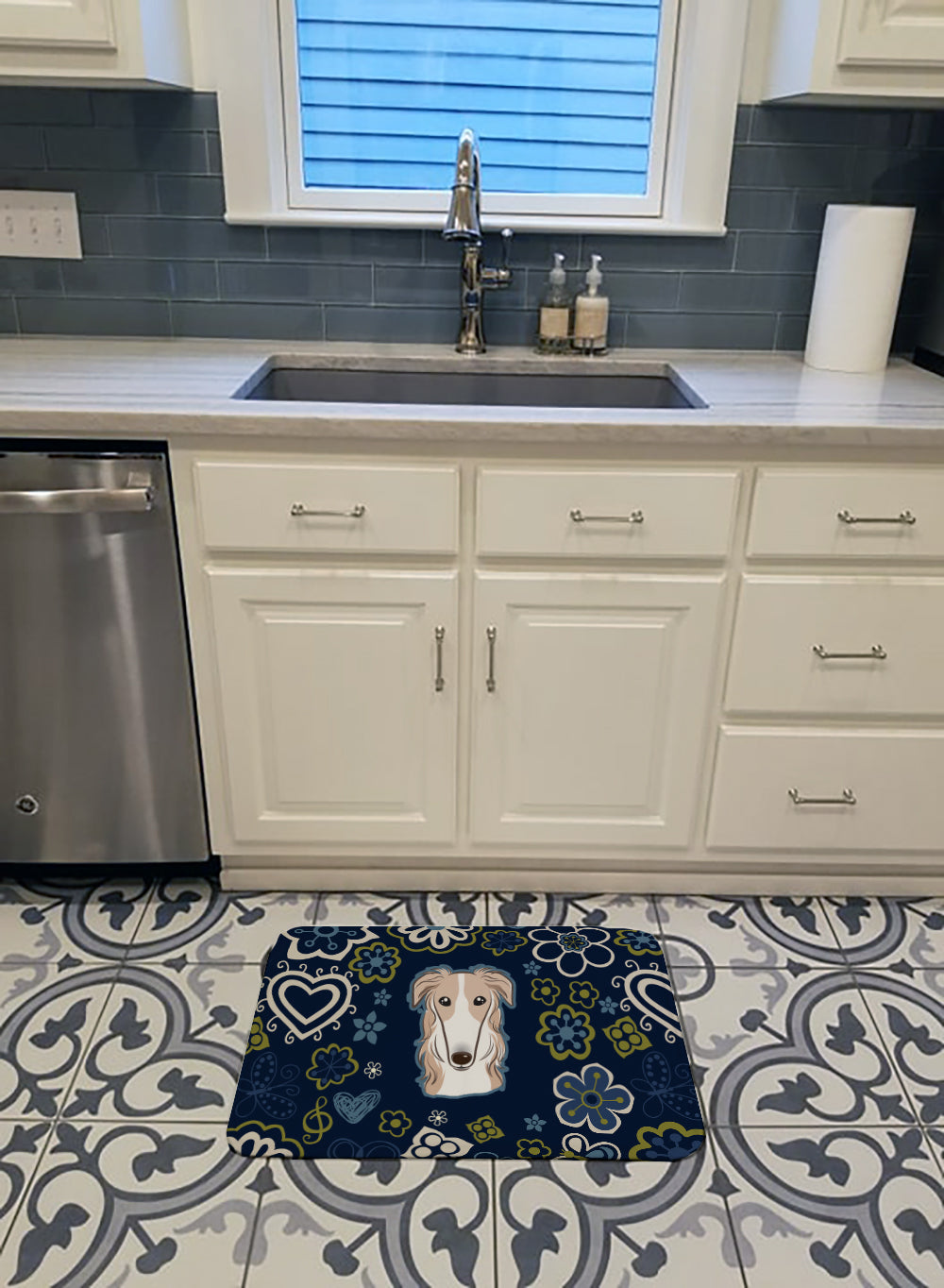 Blue Flowers Borzoi Machine Washable Memory Foam Mat BB5079RUG - the-store.com