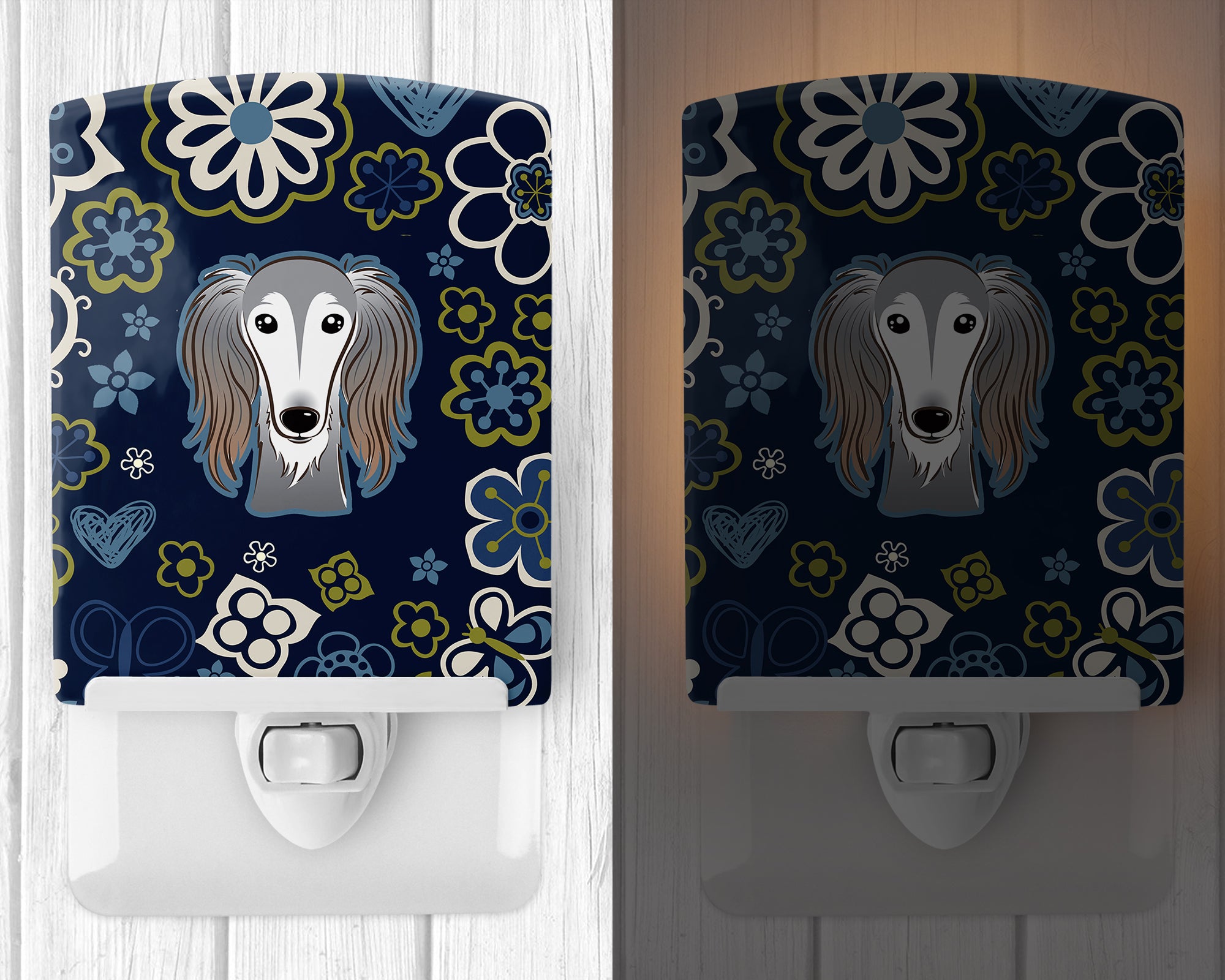 Blue Flowers Saluki Ceramic Night Light BB5080CNL - the-store.com