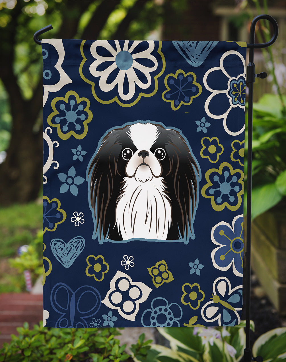 Blue Flowers Japanese Chin Flag Garden Size  the-store.com.