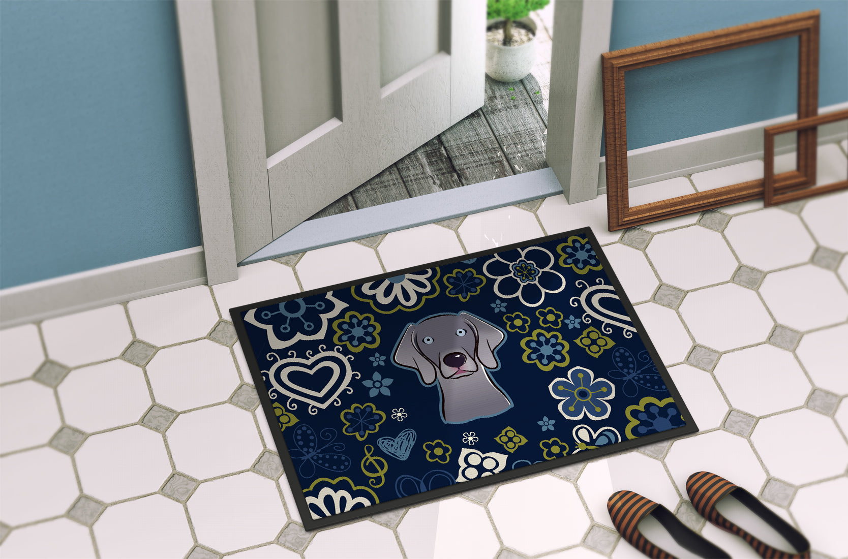 Blue Flowers Weimaraner Indoor or Outdoor Mat 18x27 BB5082MAT - the-store.com