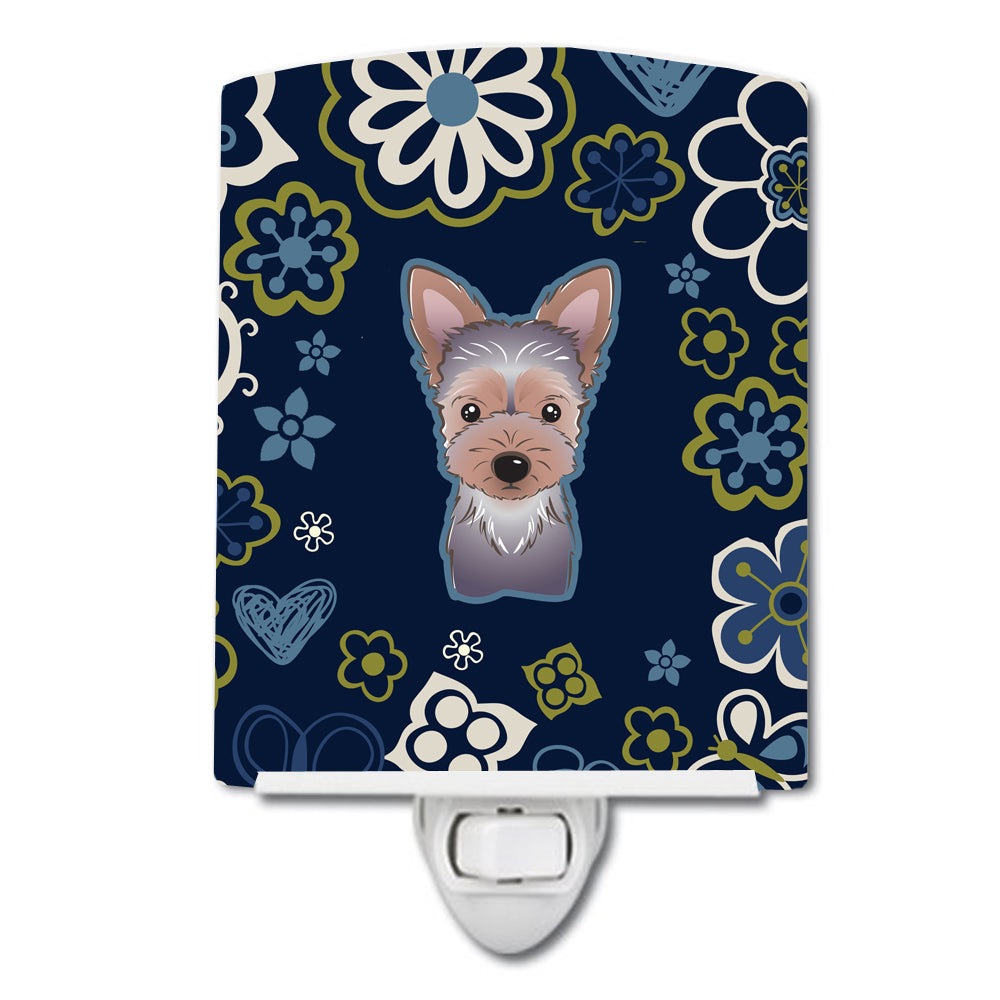 Blue Flowers Yorkie Puppy Ceramic Night Light BB5083CNL - the-store.com