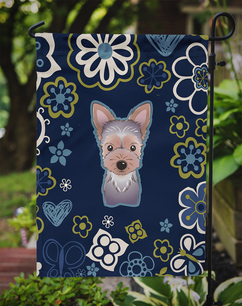 Blue Flowers Yorkie Puppy Flag Garden Size BB5083GF  the-store.com.