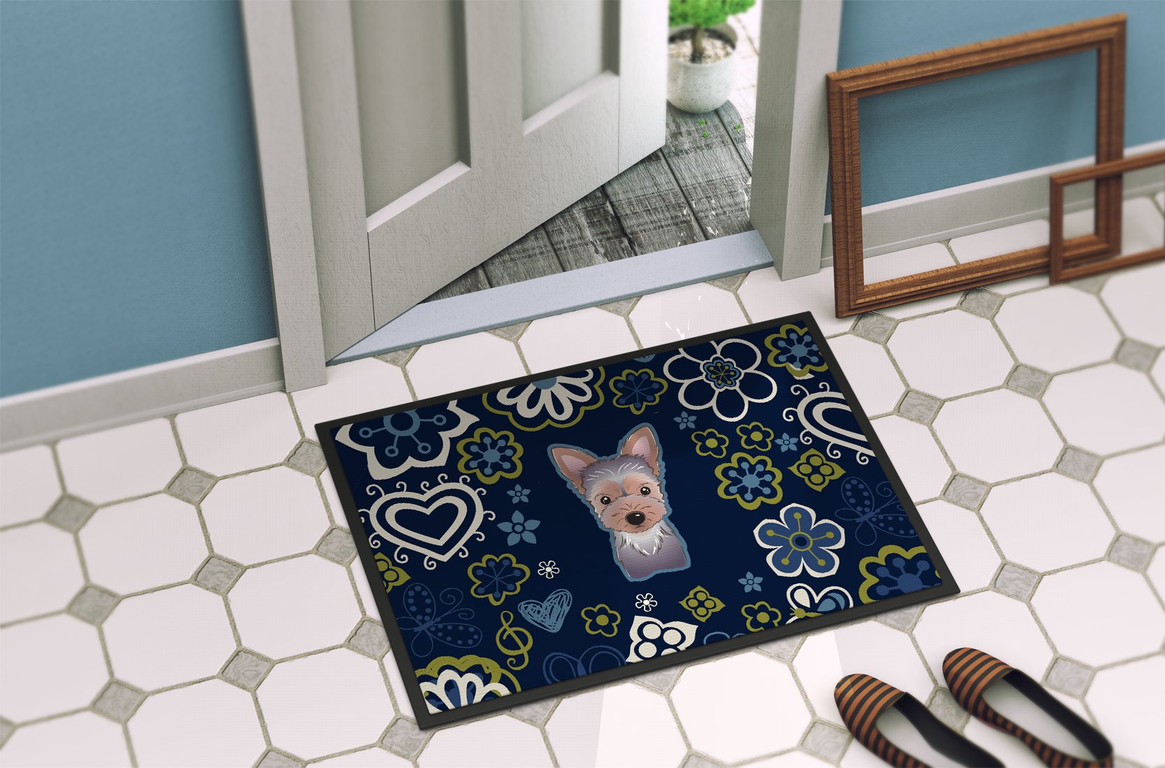 Blue Flowers Yorkie Puppy Indoor or Outdoor Mat 24x36 BB5083JMAT by Caroline's Treasures