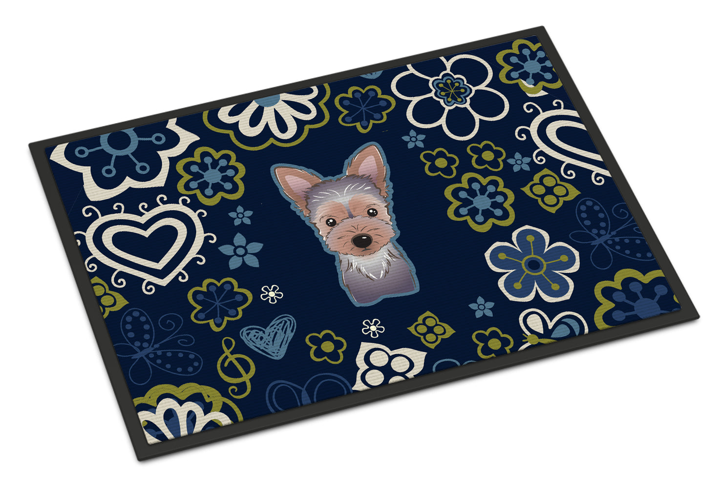 Blue Flowers Yorkie Puppy Indoor or Outdoor Mat 18x27 BB5083MAT - the-store.com