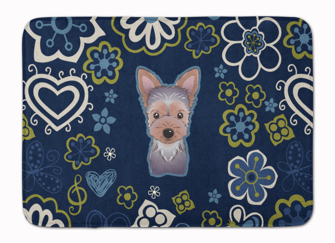 Blue Flowers Yorkie Puppy Machine Washable Memory Foam Mat BB5083RUG - the-store.com