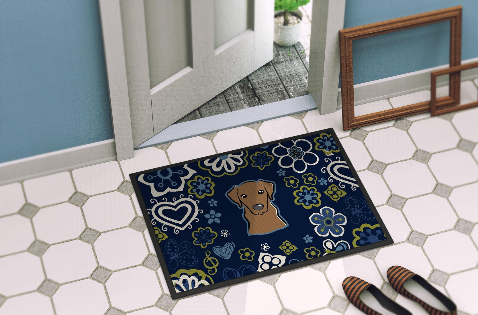 Blue Flowers Chocolate Labrador Indoor or Outdoor Mat 24x36 BB5085JMAT by Caroline's Treasures