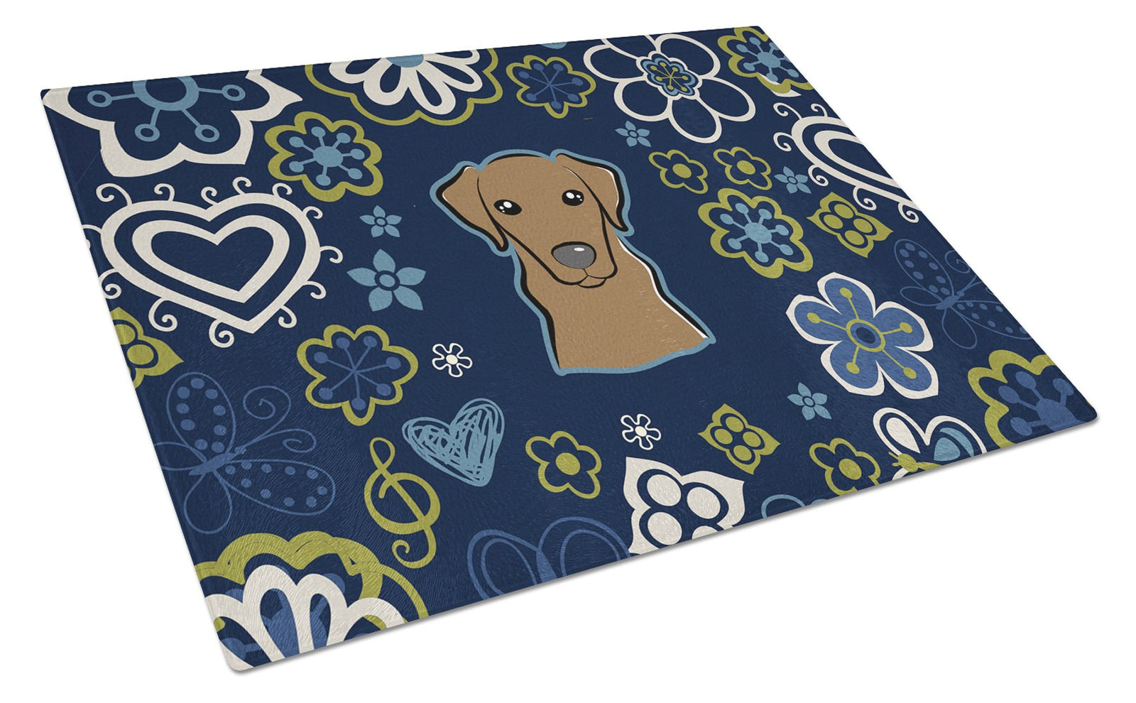 Blue Flowers Chocolate Labrador Glass Cutting Board Large BB5085LCB by Caroline's Treasures