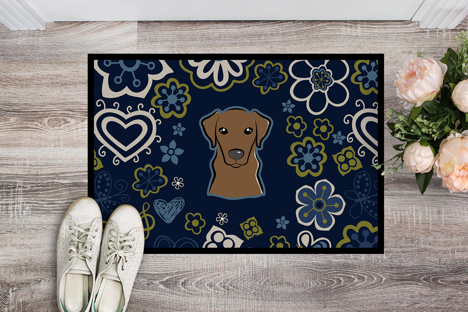 Blue Flowers Chocolate Labrador Indoor or Outdoor Mat 18x27 BB5085MAT - the-store.com