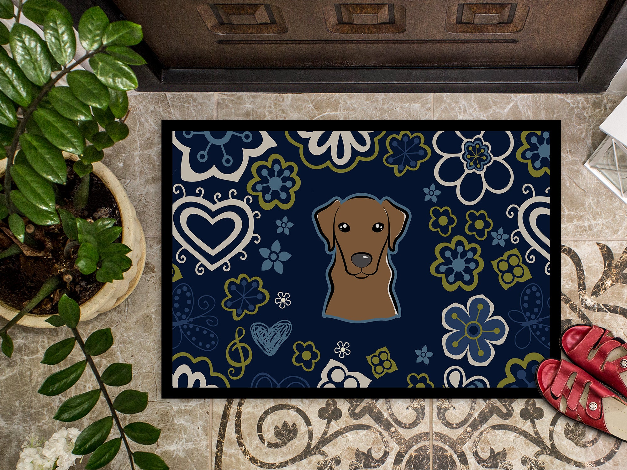 Blue Flowers Chocolate Labrador Indoor or Outdoor Mat 18x27 BB5085MAT - the-store.com