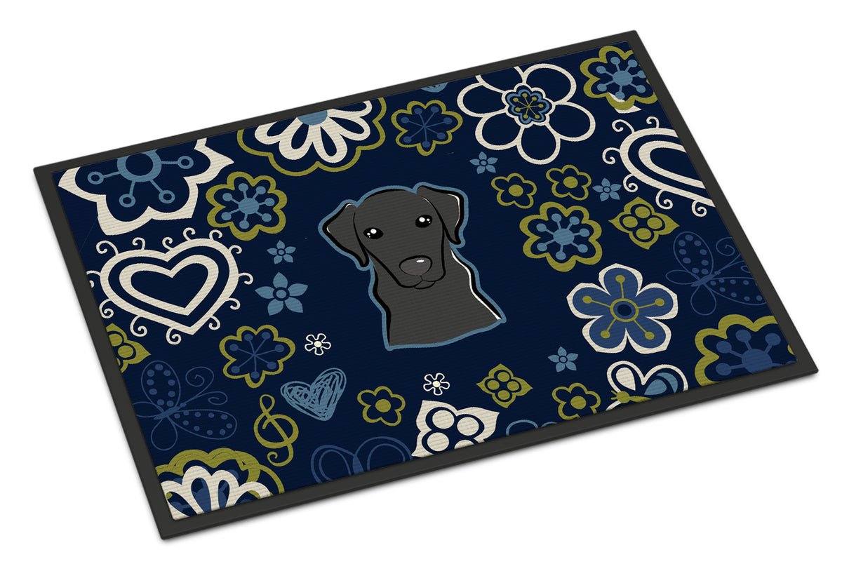 Blue Flowers Black Labrador Indoor or Outdoor Mat 18x27 BB5086MAT - the-store.com