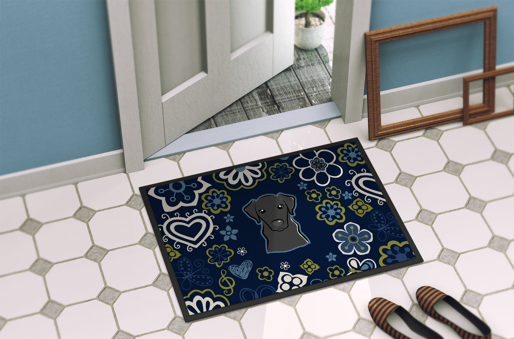 Blue Flowers Black Labrador Indoor or Outdoor Mat 18x27 BB5086MAT - the-store.com