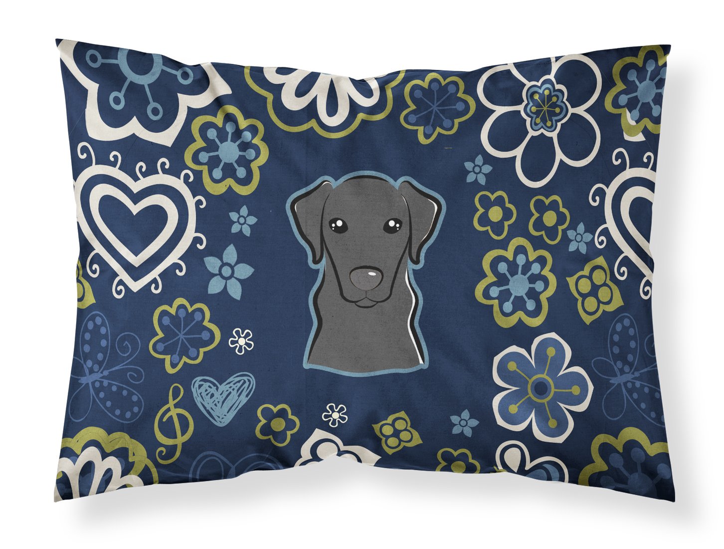 Blue Flowers Black Labrador Fabric Standard Pillowcase BB5086PILLOWCASE by Caroline's Treasures