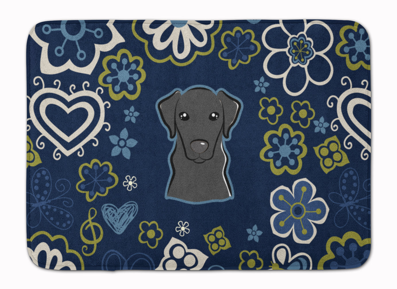 Blue Flowers Black Labrador Machine Washable Memory Foam Mat BB5086RUG - the-store.com