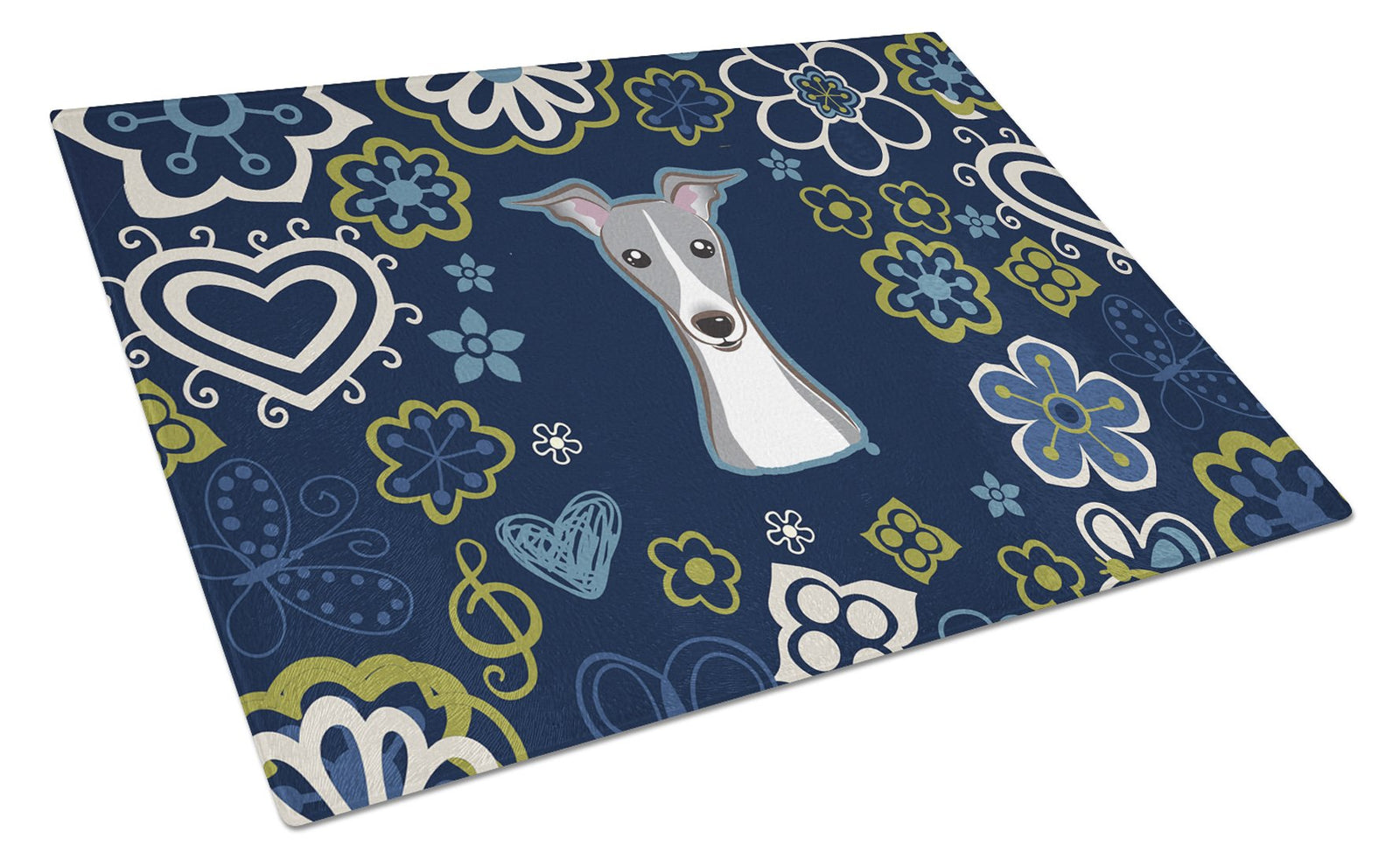 Blue Flowers Italian Greyhound Glass Cutting Board Large BB5087LCB by Caroline's Treasures