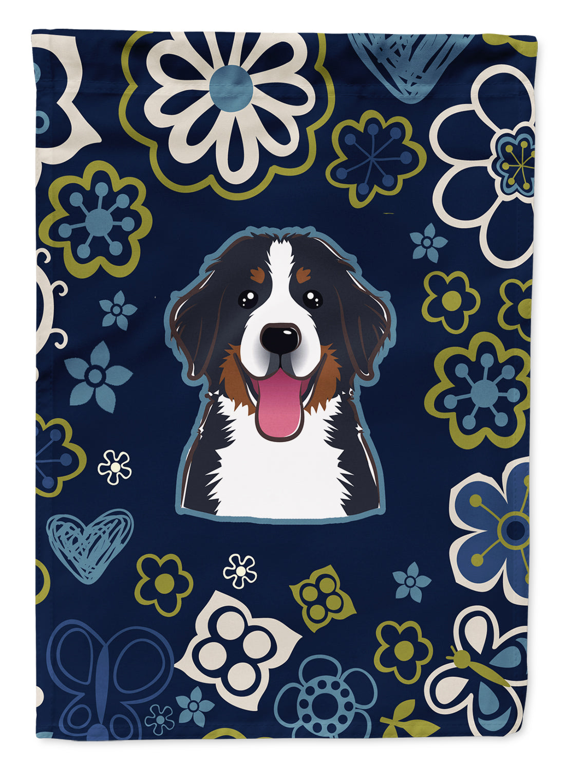 Blue Flowers Bernese Mountain Dog Flag Garden Size  the-store.com.