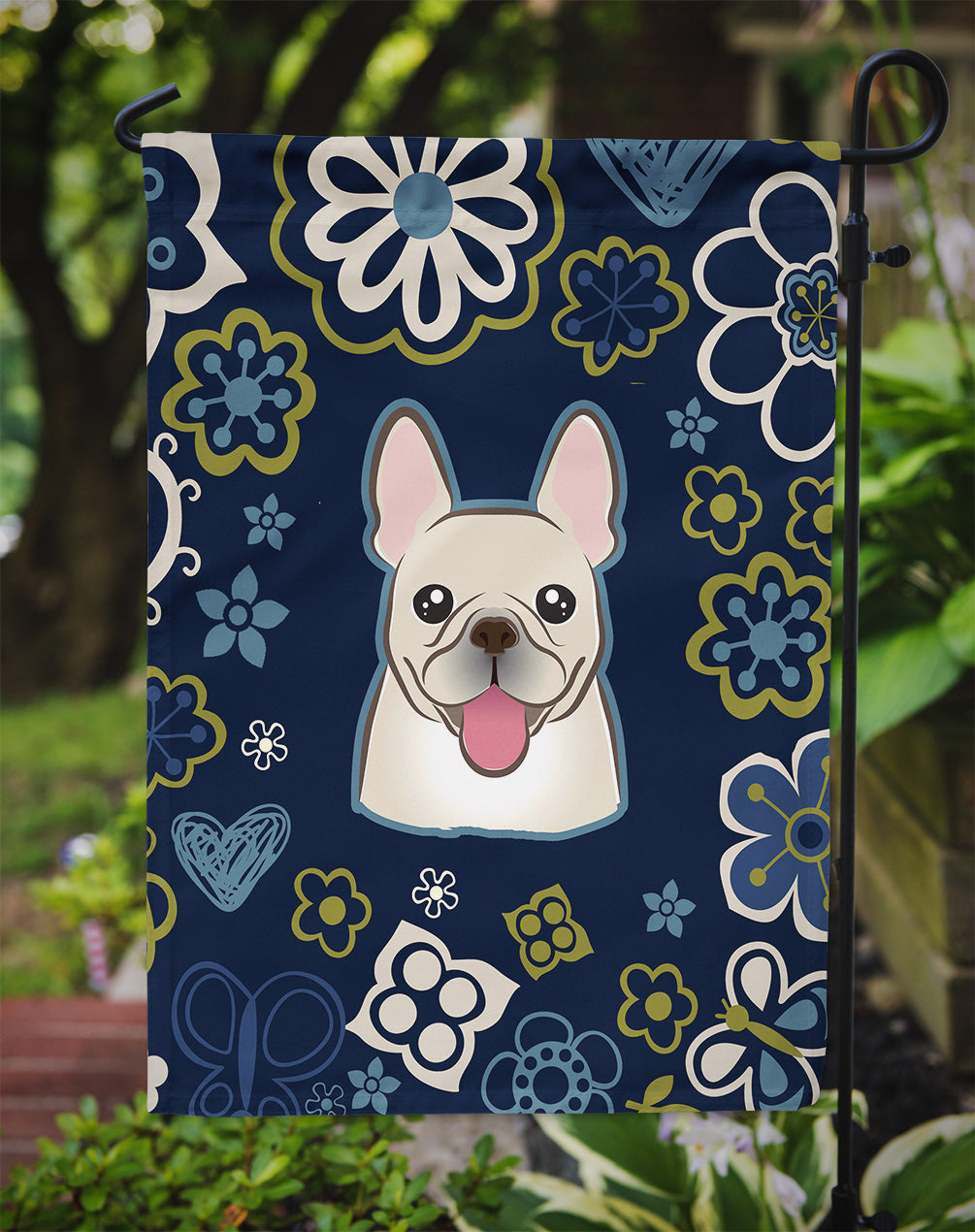 Blue Flowers French Bulldog Flag Garden Size  the-store.com.