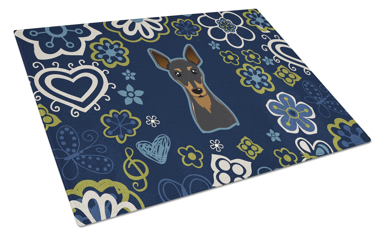 Blue Flowers Min Pin Glass Cutting Board Large BB5091LCB by Caroline's Treasures