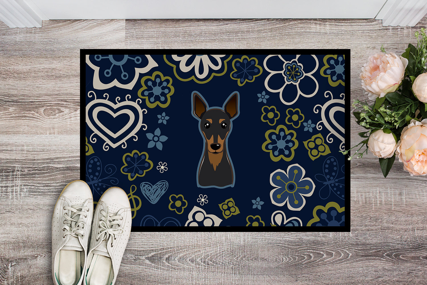 Blue Flowers Min Pin Indoor or Outdoor Mat 18x27 BB5091MAT - the-store.com