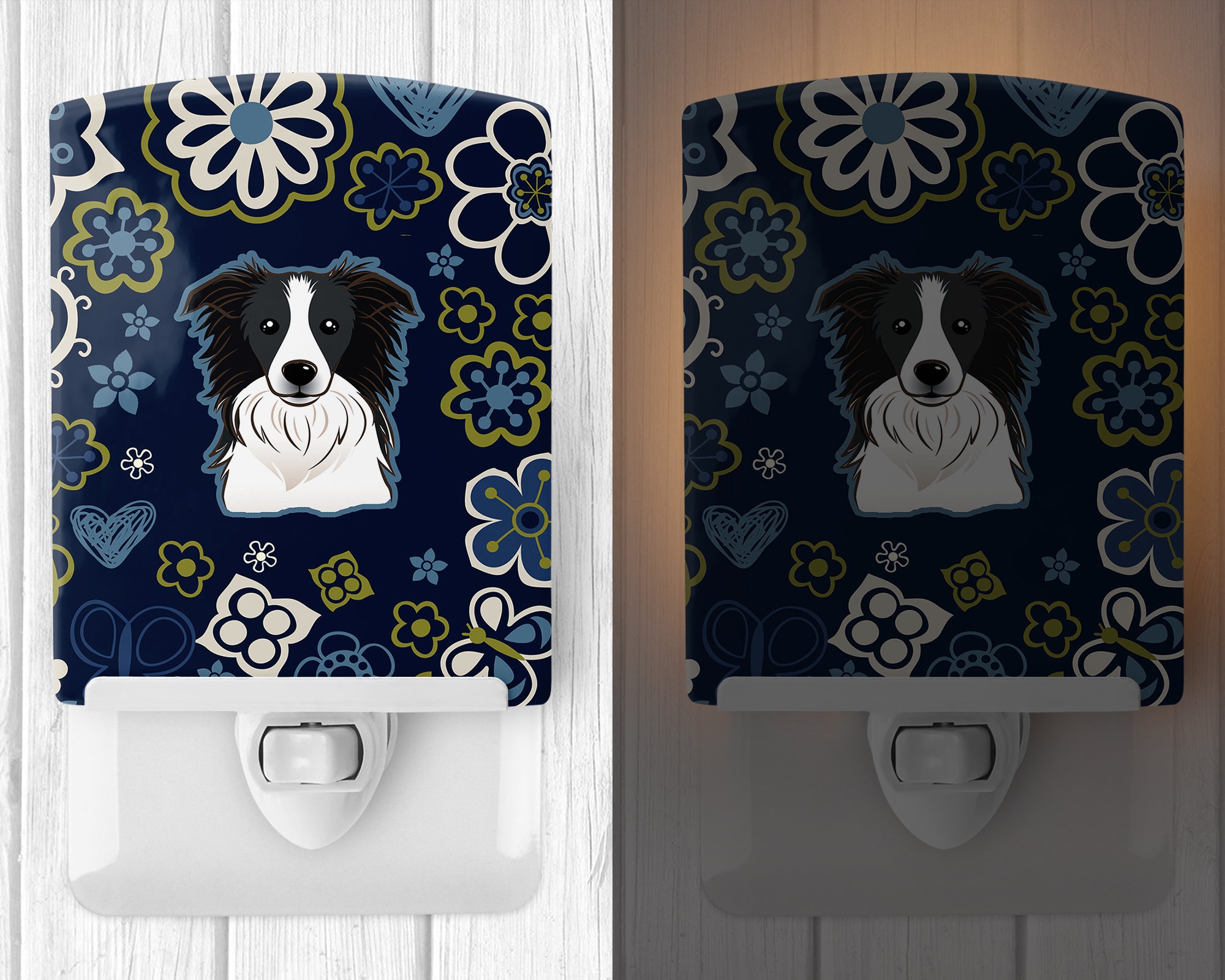 Blue Flowers Border Collie Ceramic Night Light BB5092CNL - the-store.com