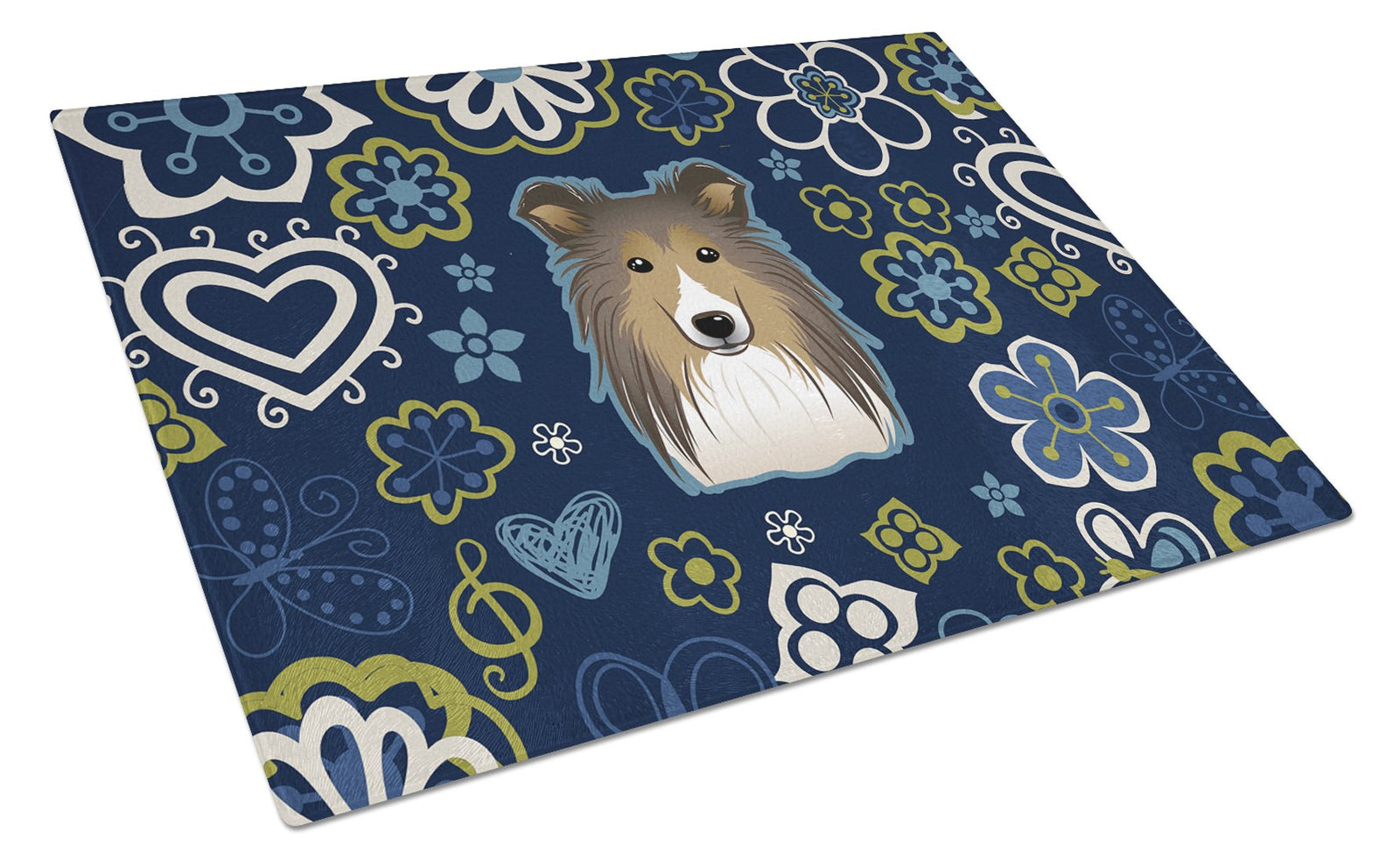 Blue Flowers Sheltie Glass Cutting Board Large BB5093LCB by Caroline's Treasures