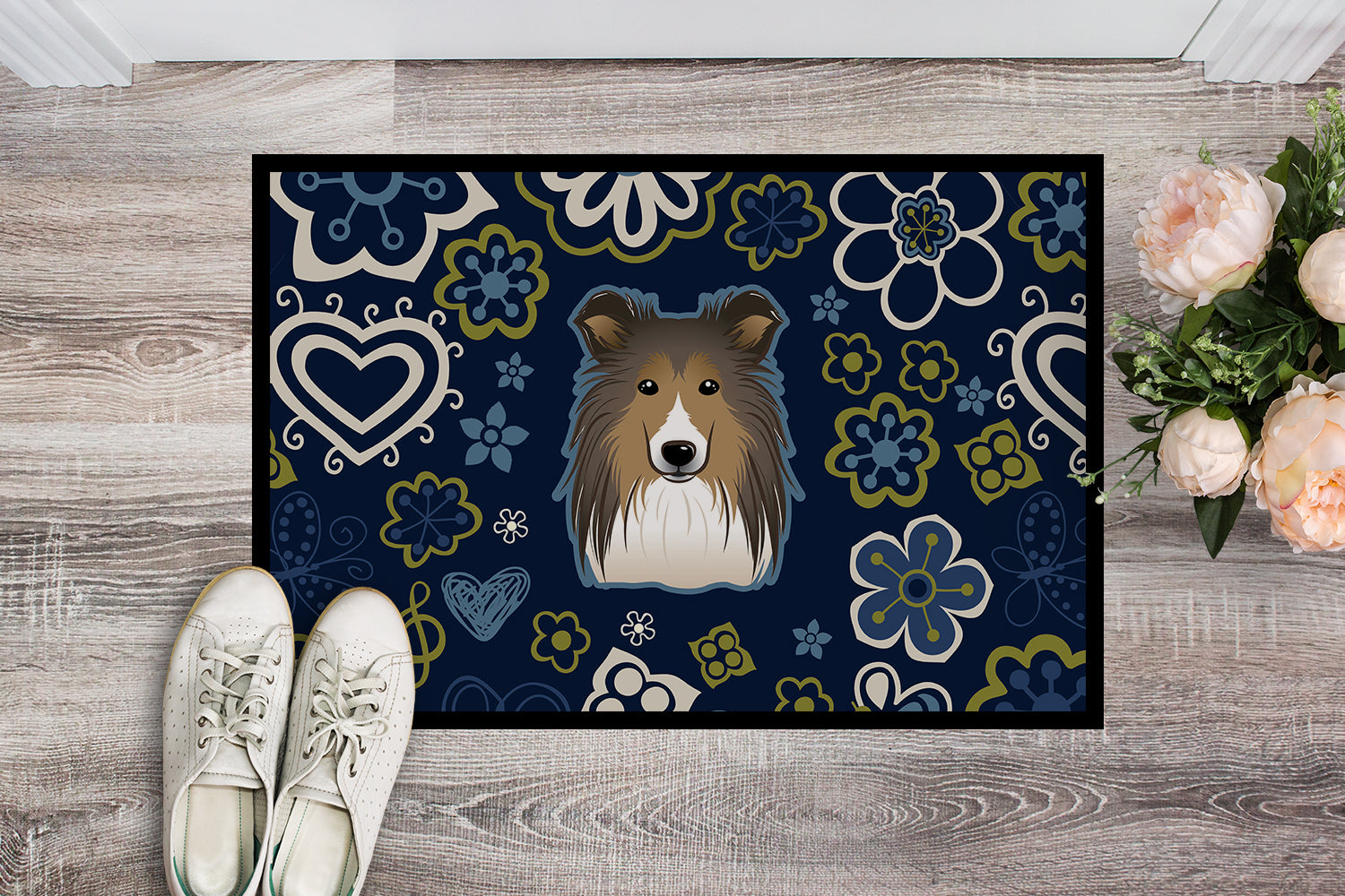 Blue Flowers Sheltie Indoor or Outdoor Mat 18x27 BB5093MAT - the-store.com