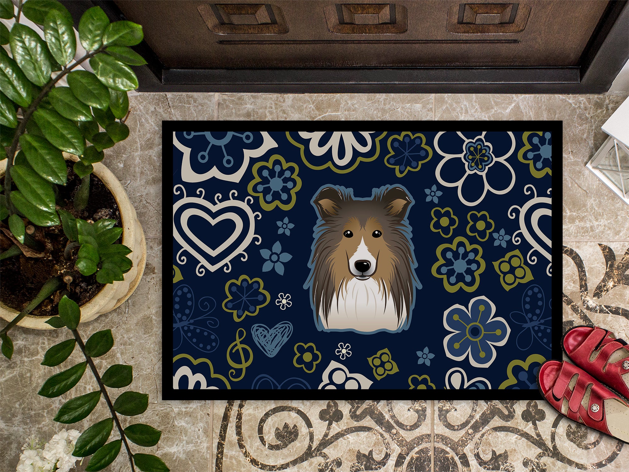 Blue Flowers Sheltie Indoor or Outdoor Mat 18x27 BB5093MAT - the-store.com