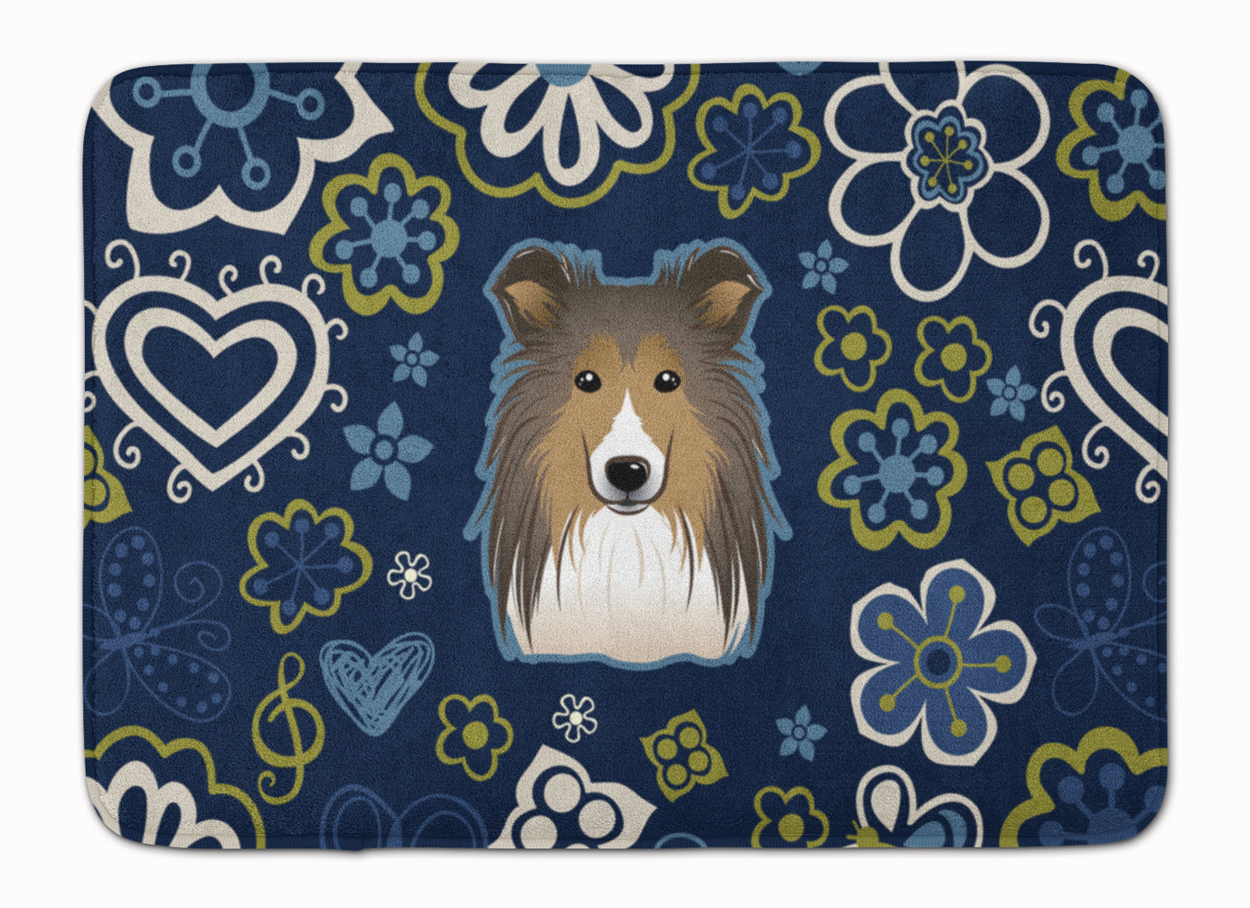 Blue Flowers Sheltie Machine Washable Memory Foam Mat BB5093RUG - the-store.com