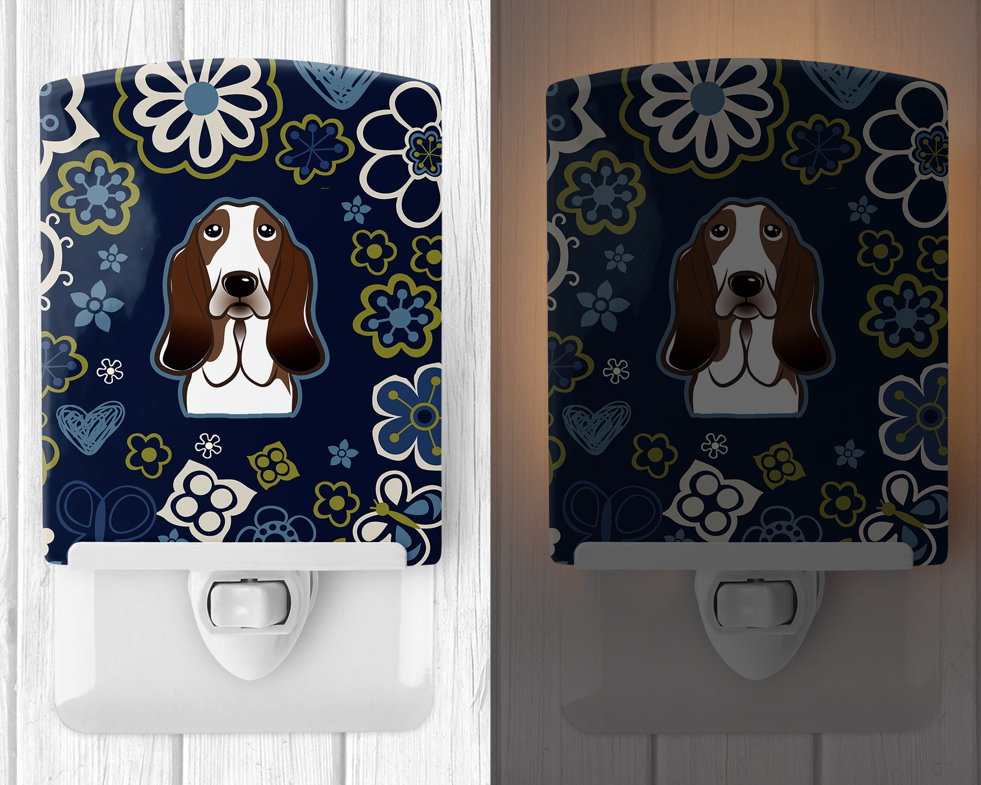 Blue Flowers Basset Hound Ceramic Night Light BB5094CNL - the-store.com