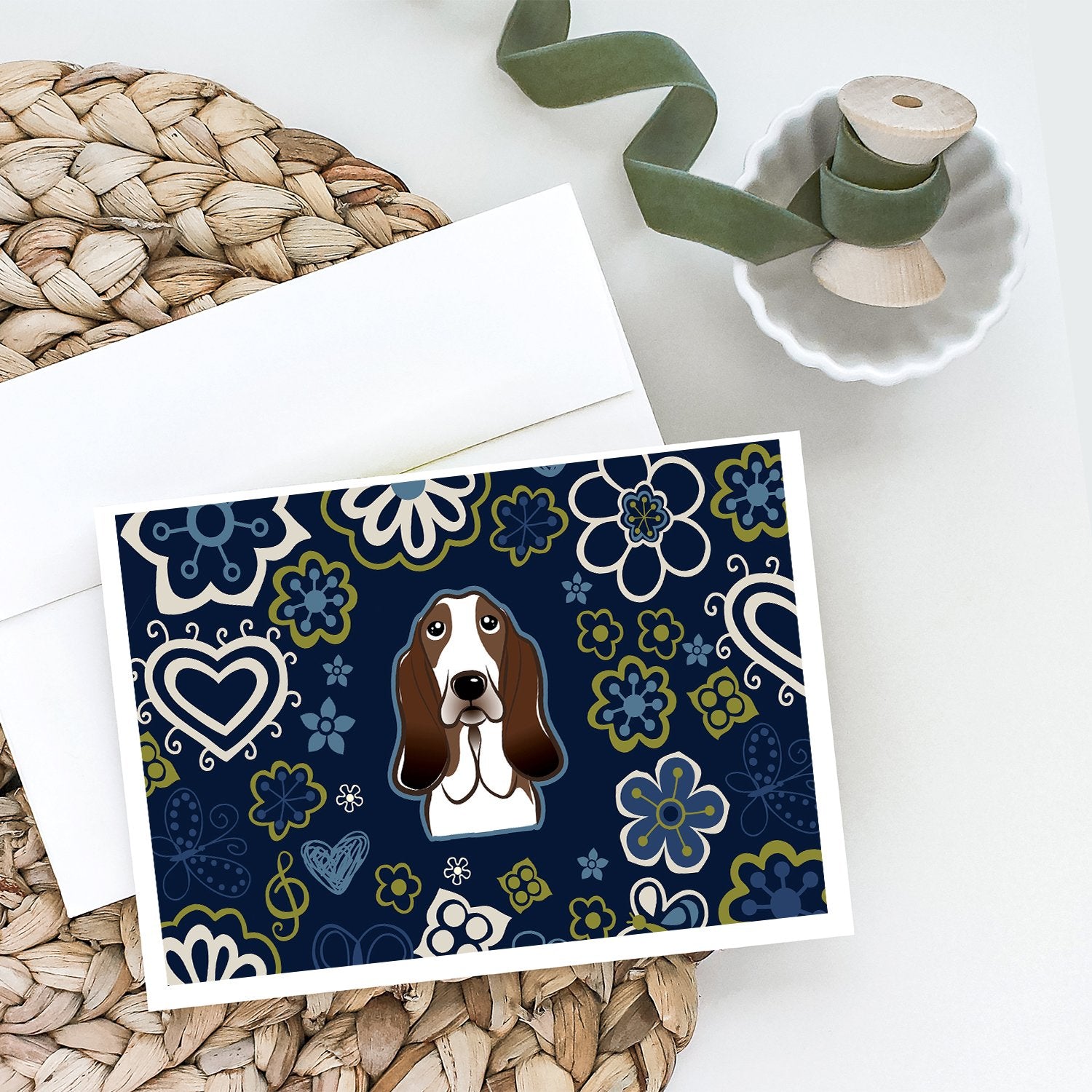 Buy this Blue Flowers Basset Hound Greeting Cards and Envelopes Pack of 8