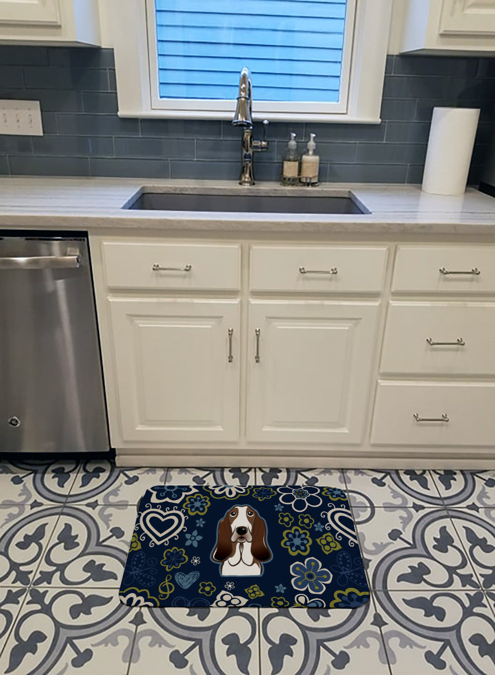 Blue Flowers Basset Hound Machine Washable Memory Foam Mat BB5094RUG - the-store.com