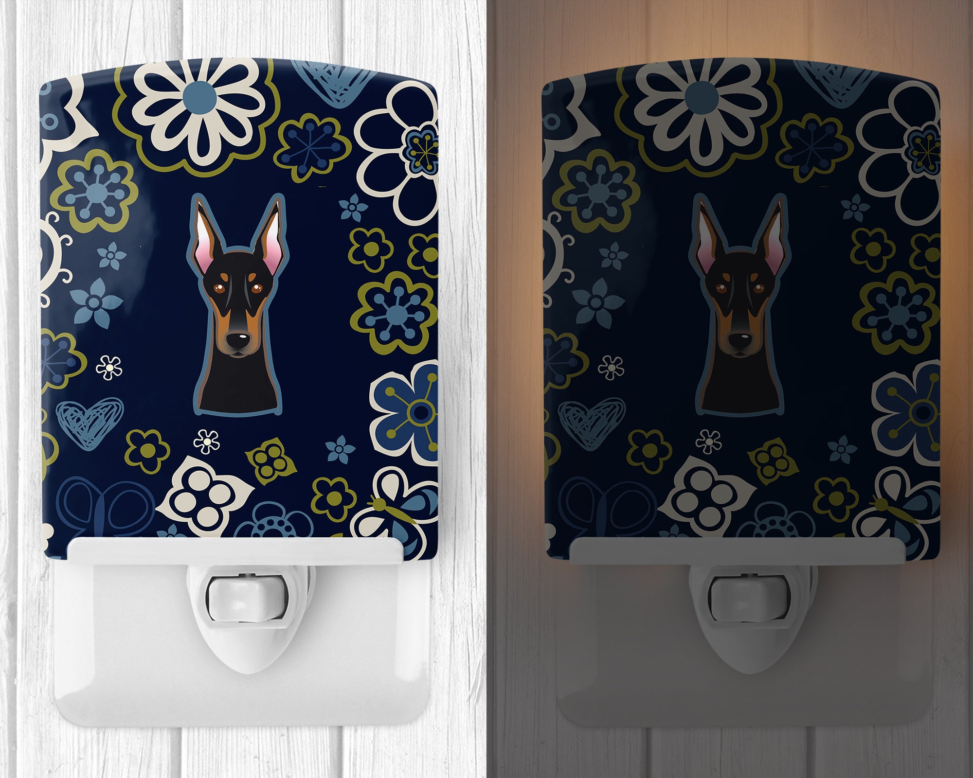 Blue Flowers Doberman Pinscher Ceramic Night Light BB5096CNL - the-store.com