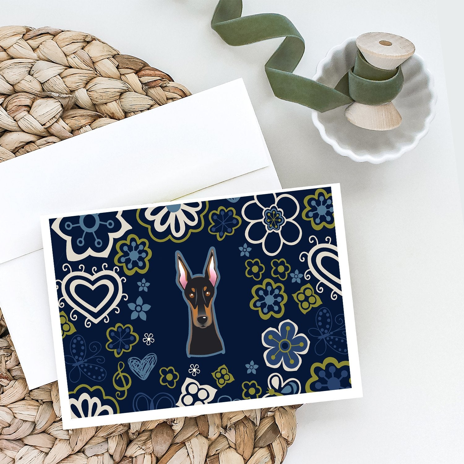 Blue Flowers Doberman Pinscher Greeting Cards and Envelopes Pack of 8 - the-store.com