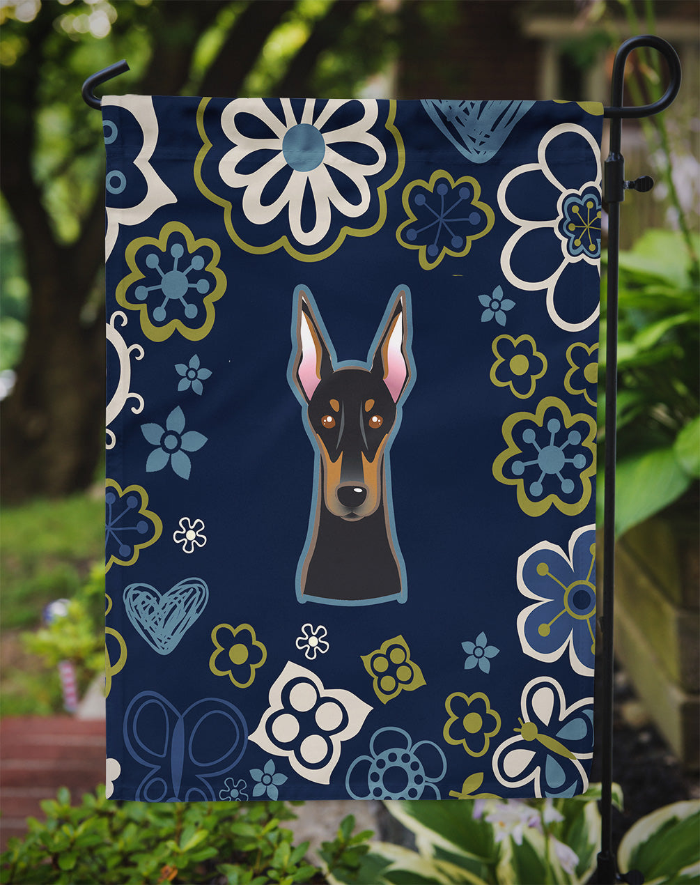 Blue Flowers Doberman Pinscher Flag Garden Size  the-store.com.